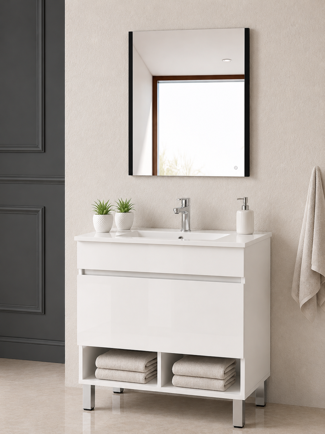 Mobile bagno con piedi NEBARI con cassetto e lavabo extra-piatto