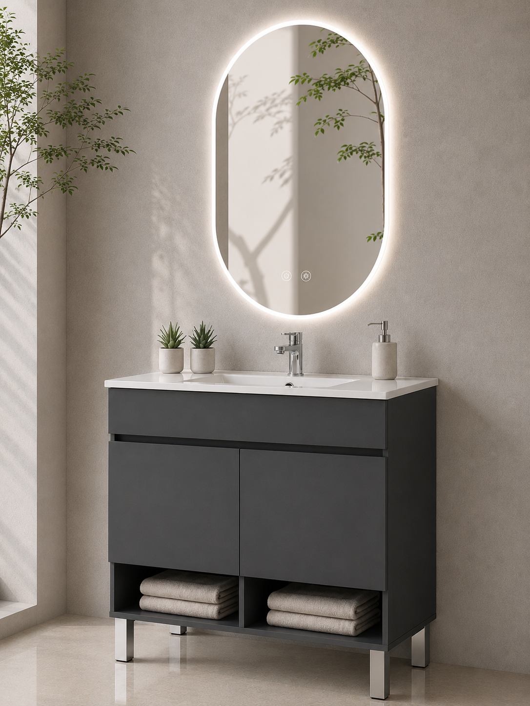 Mobile bagno con piedi NEBARI con porte e lavabo extra-piatto