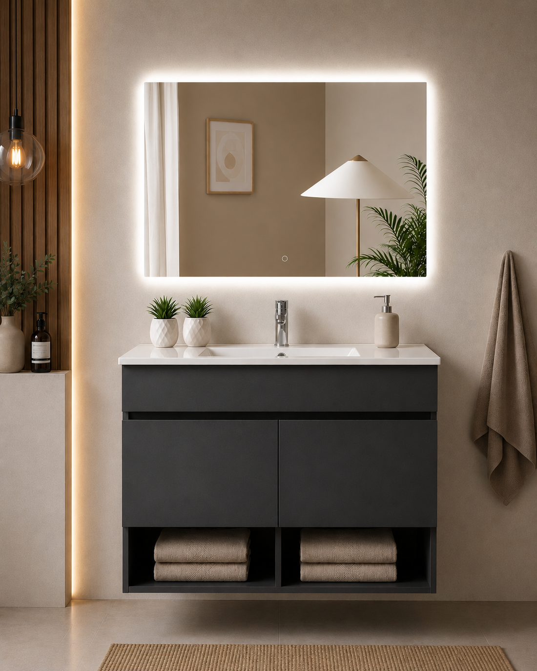 Mobile bagno sospeso NEBARI con porte e lavabo extra-piatto
