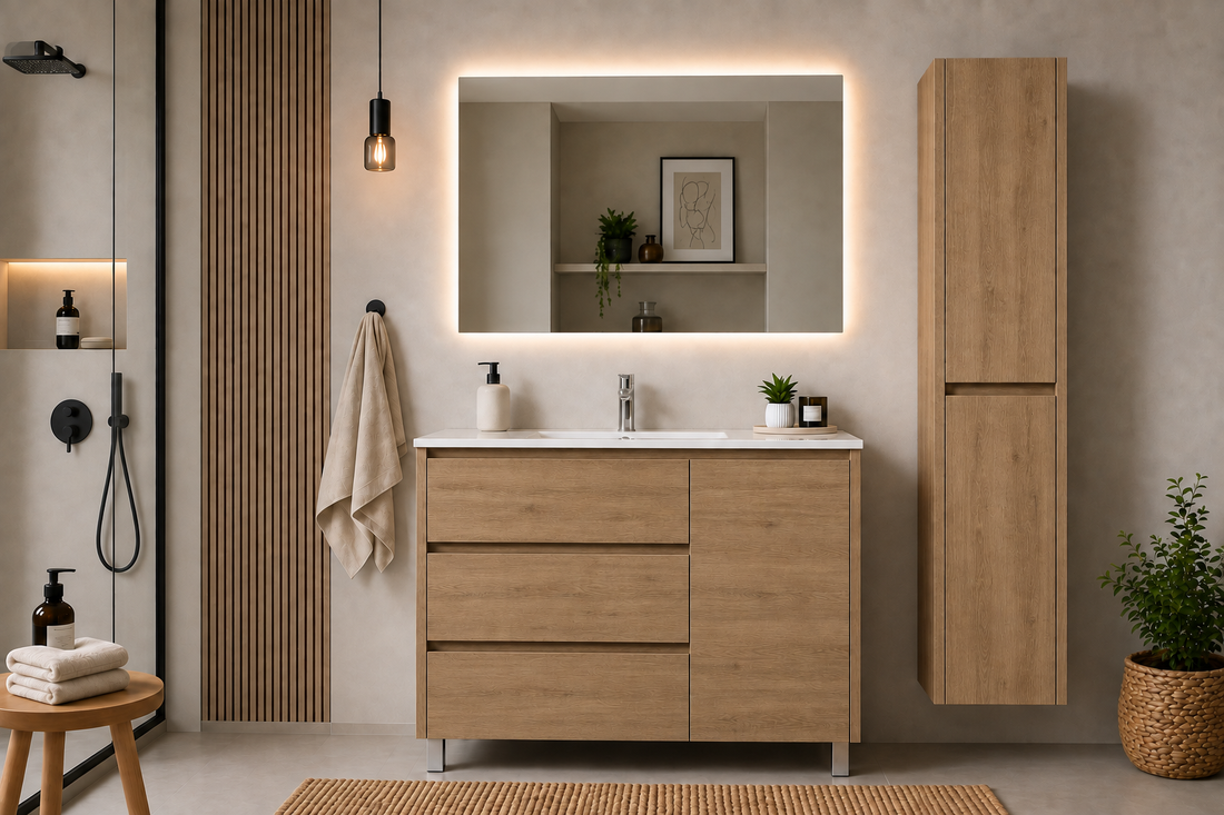 Kit mobile da bagno VOLUM con lavabo + specchio LED + colonna da 140 cm + miscelatore monocomando – Estepa – 80/100/120 cm