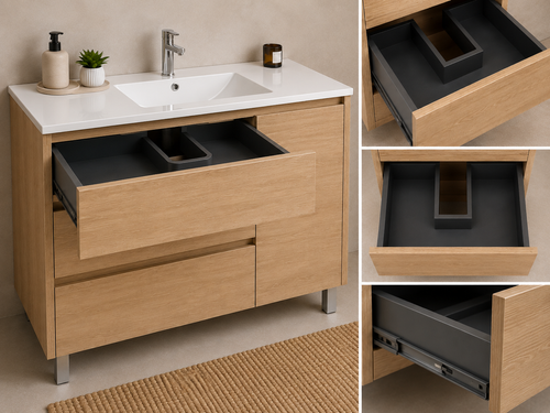 Kit mobile da bagno VOLUM con lavabo + specchio LED + colonna da 140 cm + miscelatore monocomando – Estepa – 80/100/120 cm