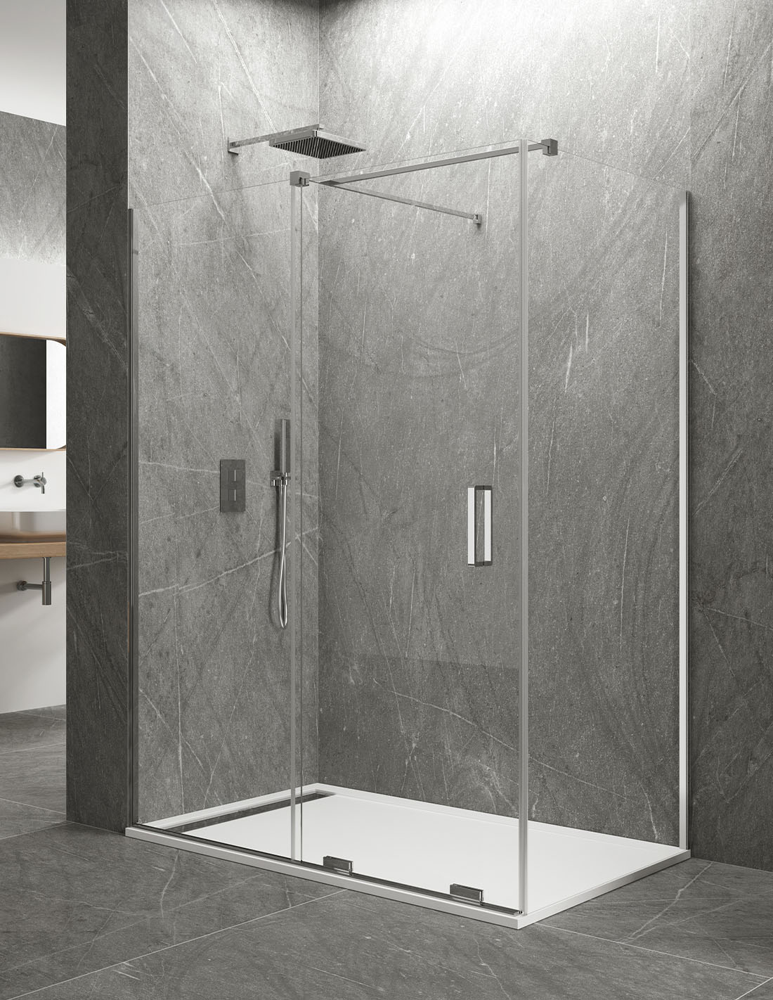 Paroi de douche d'angle 1+1 avec panneau fixe KERES, sans profilé inférieur ni supérieur. Verre de 8mm