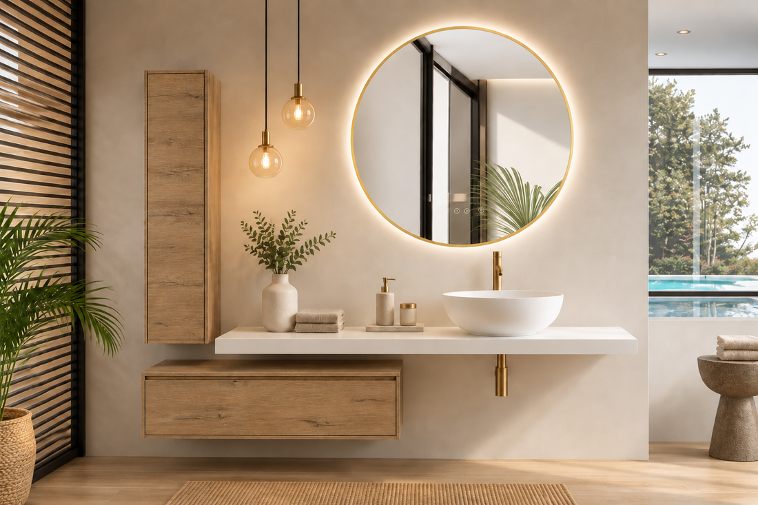 Mobile da bagno MALLORCA con piano 120 cm, modulo 60 cm, colonna e lavabo BOL