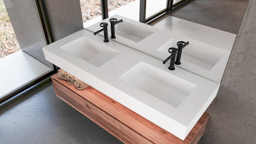 LEX Solid Surface top con 2 lavabi sottopiano, frontalino fino a 12 cm